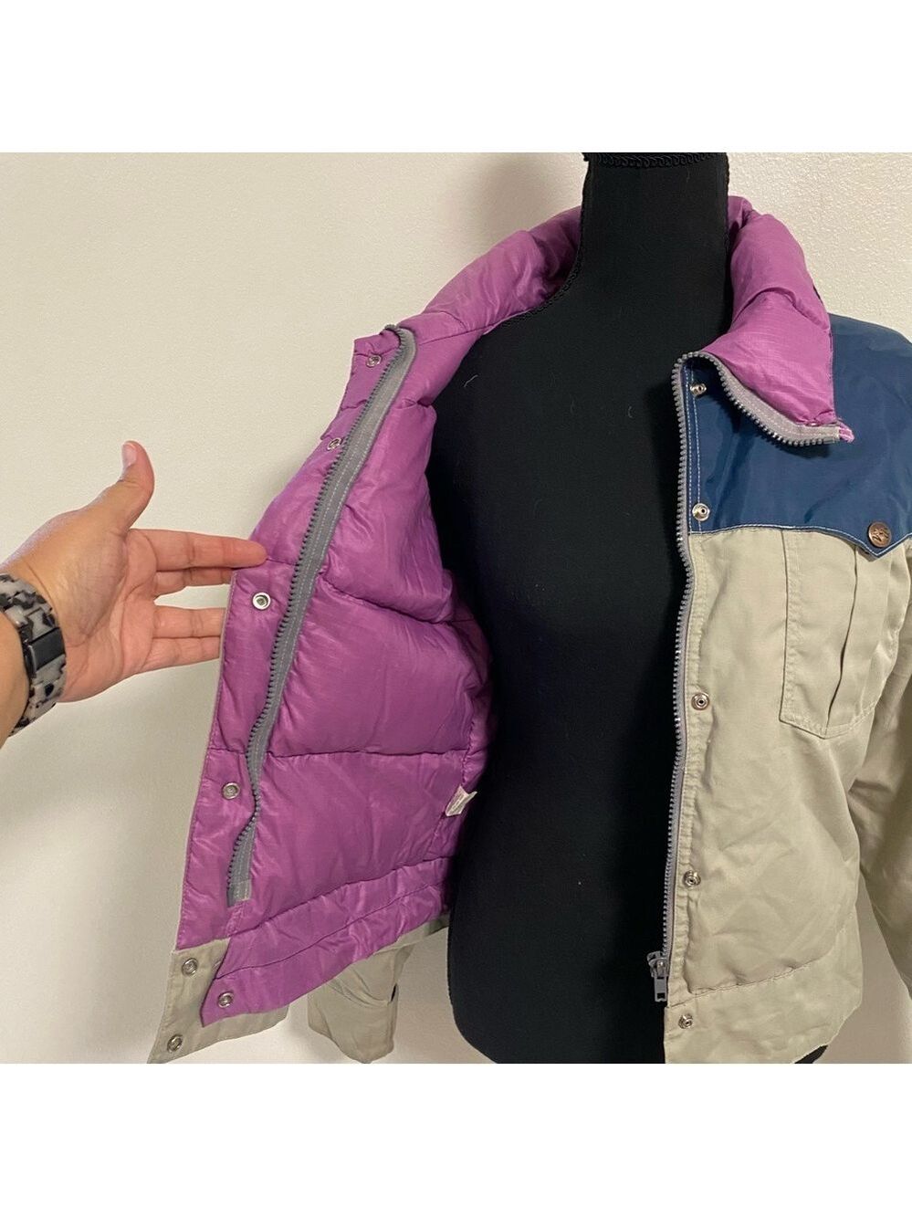 Powderhorn Mountaineering Jacket Girls Size 12 Tan Blue Vintage Down Jacket - Picture 6 of 17